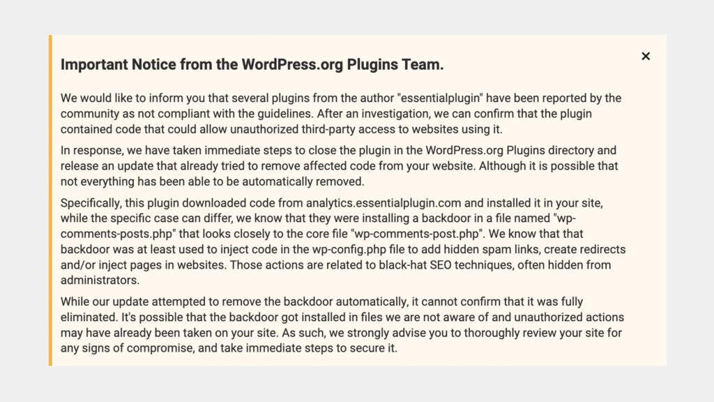 WordPressの人気プラグイン31個にバックドア混入 ― EssentialPlugin乗っ取り事件の全貌と、いますぐできる確認・対処法